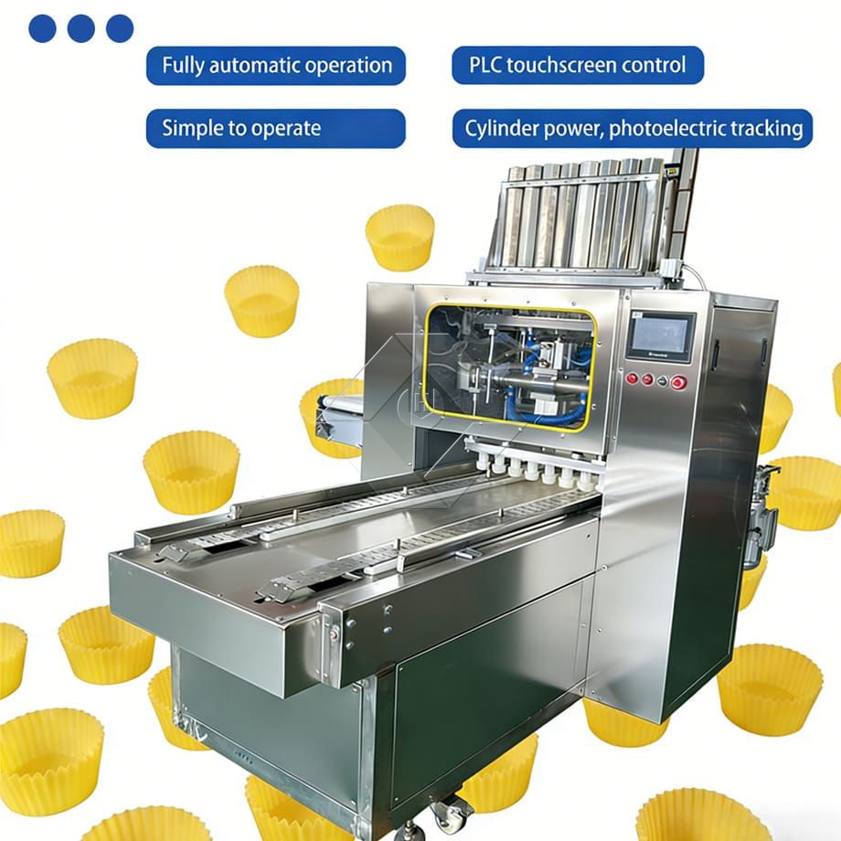 Automatische Muffin-Produktionslinie zum Fabrikpreis, industrielle Mini-Cupcake-Herstellungsmaschine zum Einlegen von Cupcake-Papieren