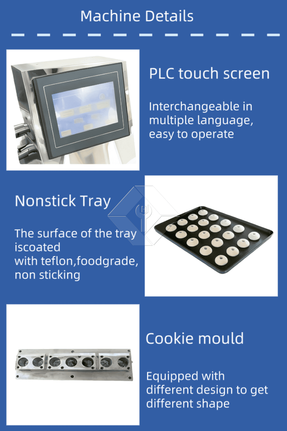 Automatische Maschine zur Herstellung geformter Kekse mit austauschbaren Matrizen für die individuelle Herstellung von Keksen und den industriellen Einsatz mit hoher Produktivität Automatische Maschine zur Herstellung geformter Kekse mit austauschbaren Matrizen für die individuelle Herstellung von Keksen und den industriellen Einsatz mit hoher Produktivität