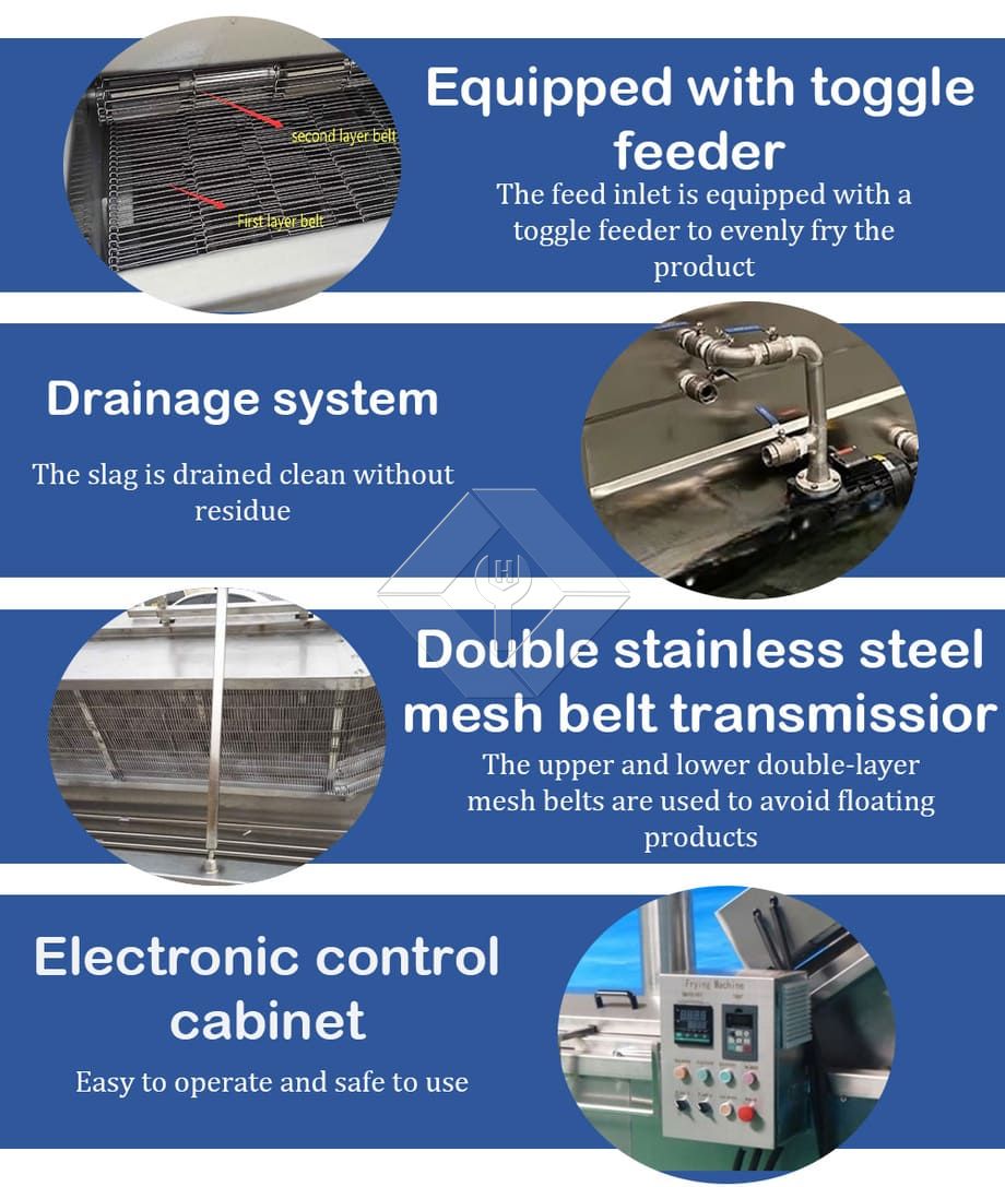 Elektrische Hähnchenfritteuse, Hähnchenfritteuse, automatische kontinuierliche Fritteuse, Hamburger-Frittiermaschine mit Förderband Elektrische Hähnchenfritteuse, Hähnchenfritteuse, automatische kontinuierliche Fritteuse, Hamburger-Frittiermaschine mit Förderband