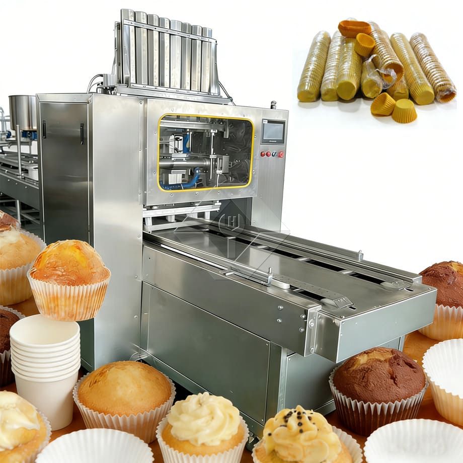 Automatische Muffin-Produktionslinie zum Fabrikpreis, industrielle Mini-Cupcake-Herstellungsmaschine zum Einlegen von Cupcake-Papieren
